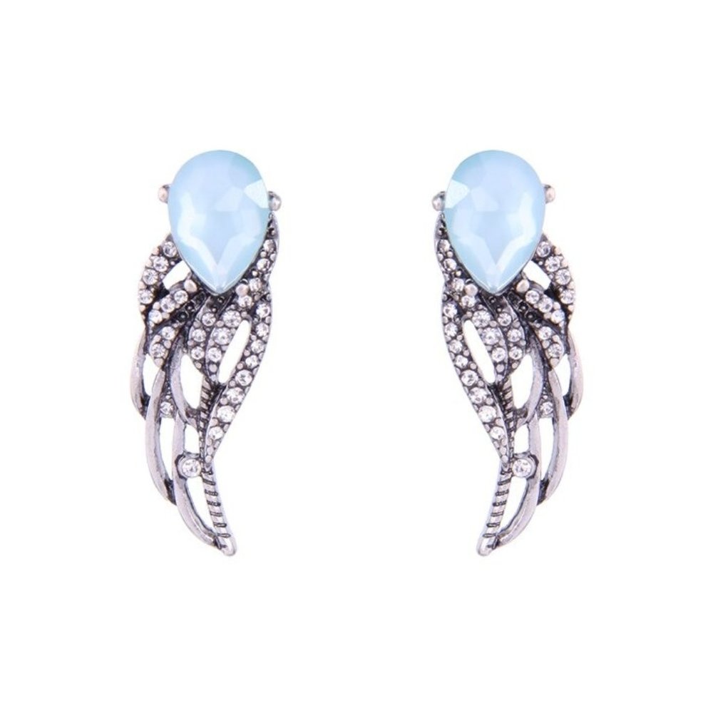 Aqua Gun Metal Silver Angel Wings  Earrings